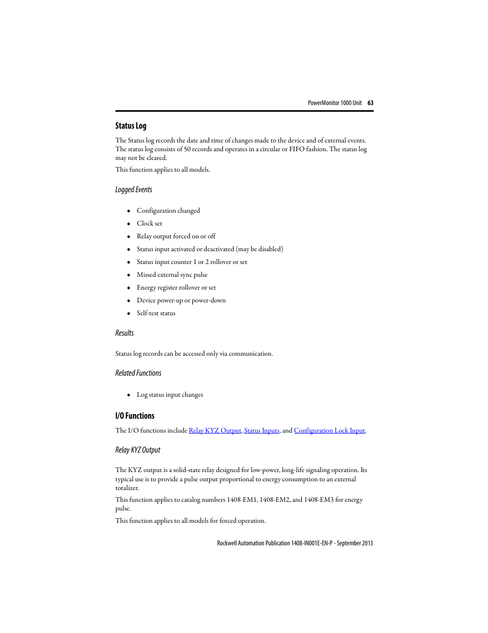 Status log, I/o functions | Rockwell Automation 1408-EMxx PowerMonitor 1000 Unit User Manual | Page 63 / 80