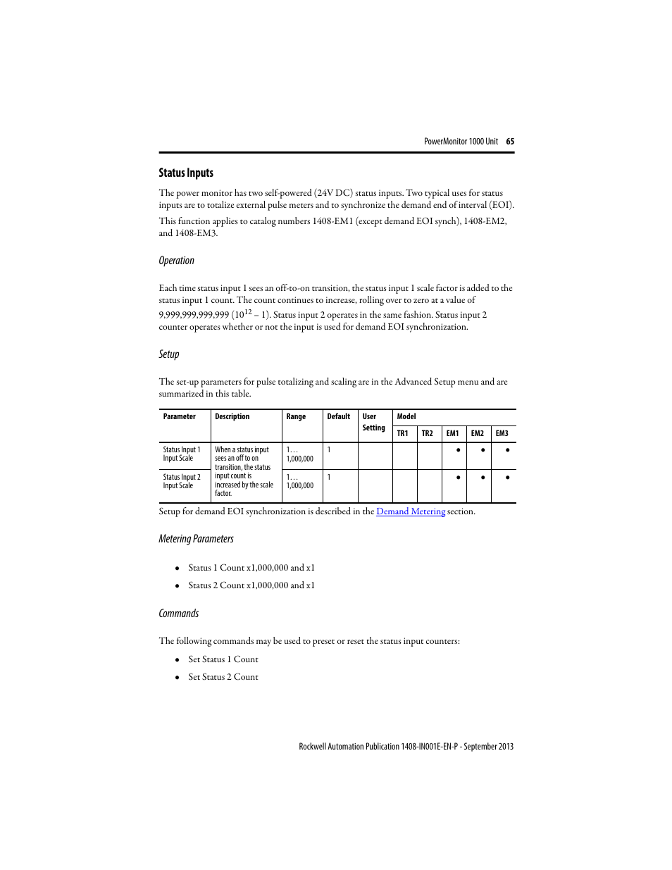 Status inputs | Rockwell Automation 1408-EMxx PowerMonitor 1000 Unit User Manual | Page 65 / 80