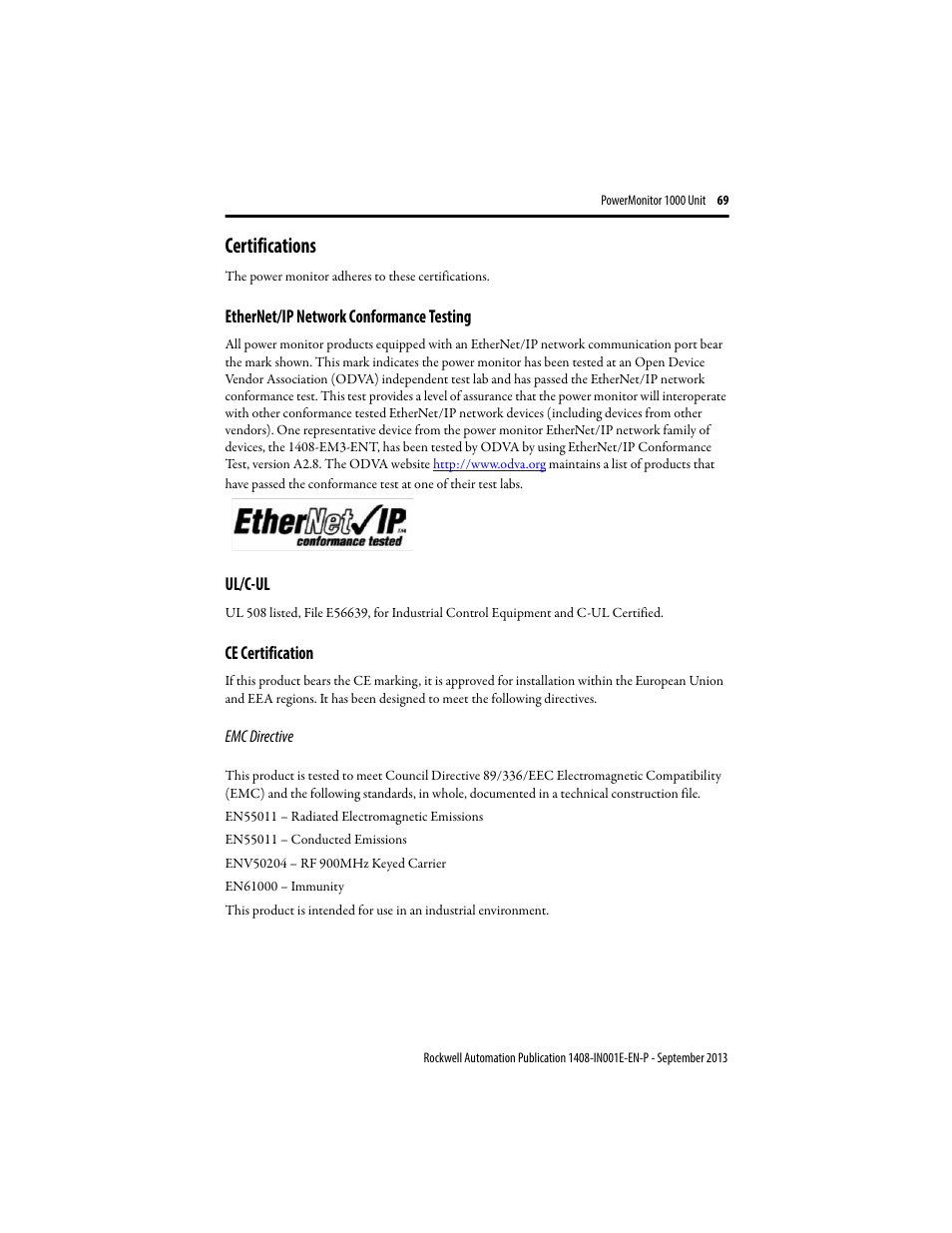 Certifications, Ethernet/ip network conformance testing, Ul/c-ul | Ce certification | Rockwell Automation 1408-EMxx PowerMonitor 1000 Unit User Manual | Page 69 / 80