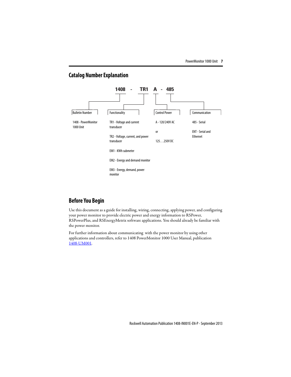 Catalog number explanation, Before you begin | Rockwell Automation 1408-EMxx PowerMonitor 1000 Unit User Manual | Page 7 / 80