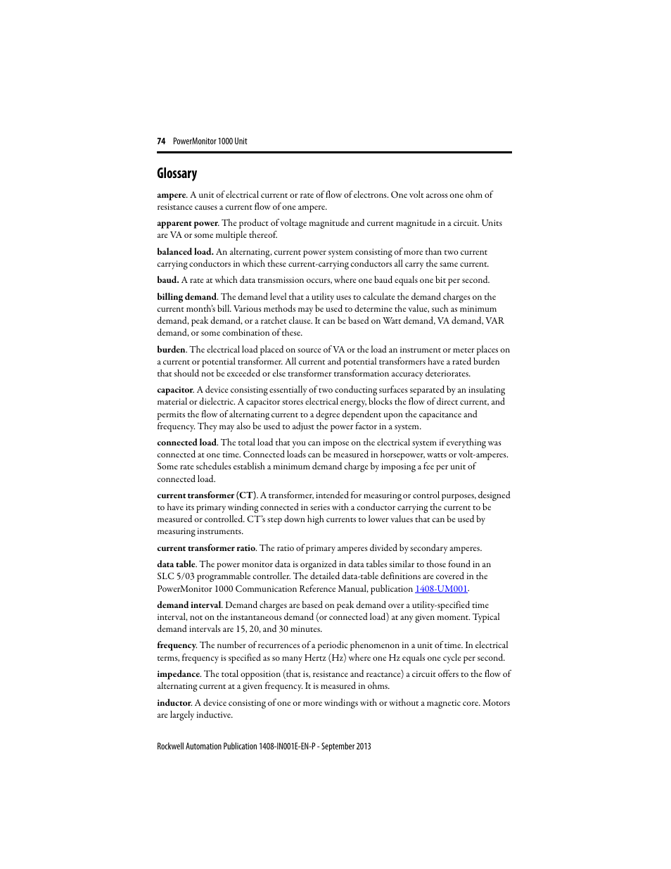 Glossary | Rockwell Automation 1408-EMxx PowerMonitor 1000 Unit User Manual | Page 74 / 80