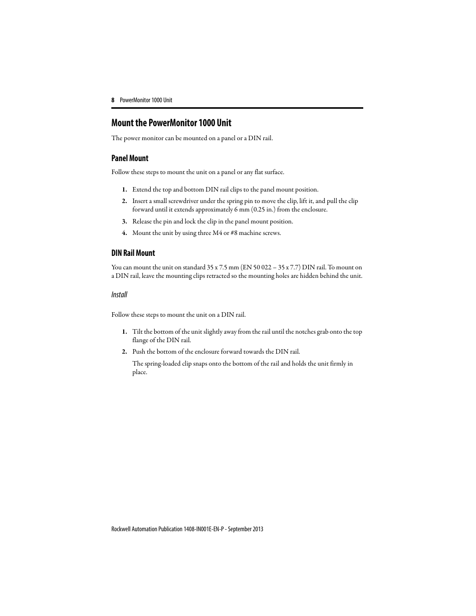 Mount the powermonitor 1000 unit, Panel mount, Din rail mount | Rockwell Automation 1408-EMxx PowerMonitor 1000 Unit User Manual | Page 8 / 80
