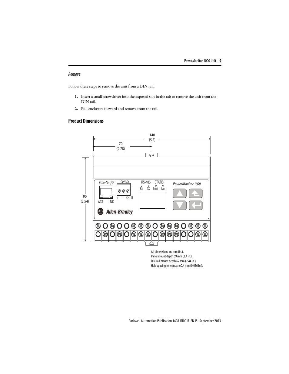 Product dimensions, Remove | Rockwell Automation 1408-EMxx PowerMonitor 1000 Unit User Manual | Page 9 / 80