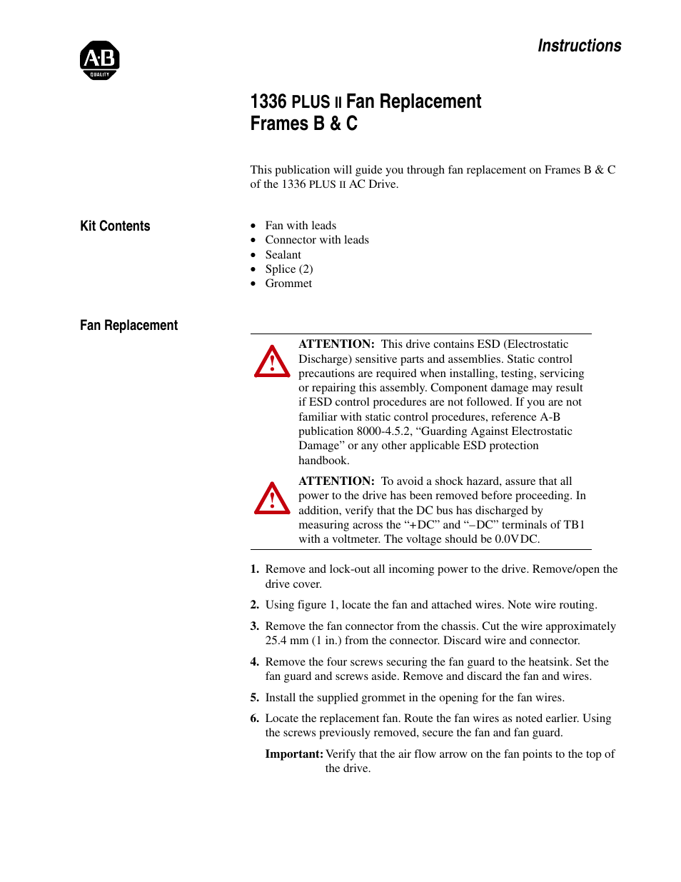 Rockwell Automation 1336F PLUS II Fan Replacement - Frames B C User Manual | 2 pages