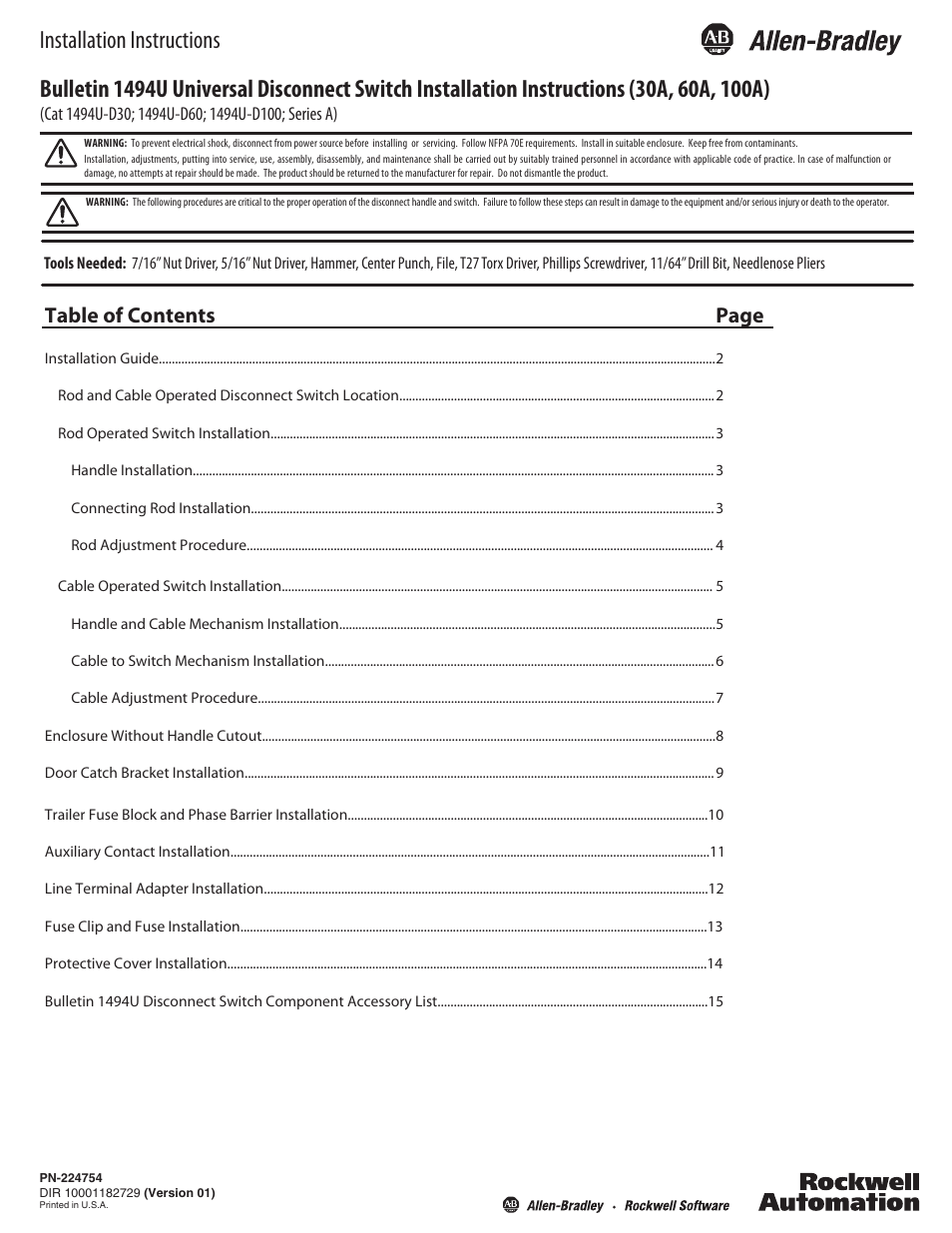 Rockwell Automation 1494U-D30_D60_D100 Universal Disconnect Switch Installation Instructions (30A, 60A, 100A) User Manual | 16 pages