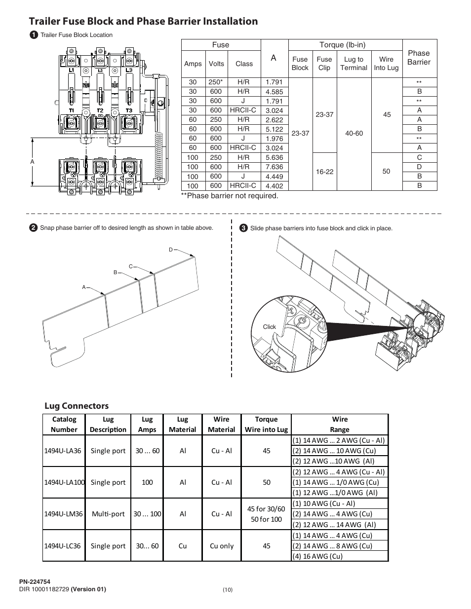 Trailer fuse block and phase barrier installation, Lug connectors | Rockwell Automation 1494U-D30_D60_D100 Universal Disconnect Switch Installation Instructions (30A, 60A, 100A) User Manual | Page 10 / 16