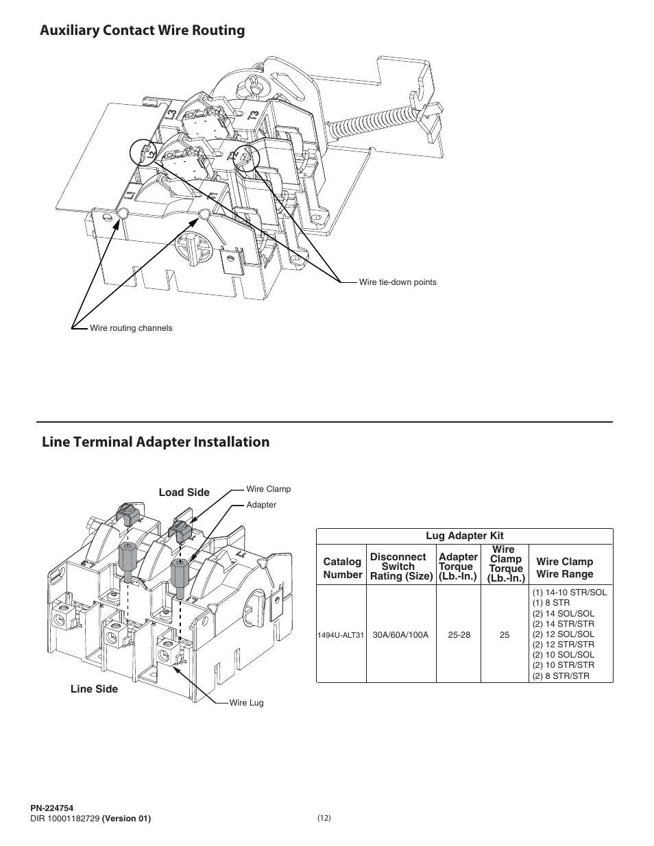 Auxiliary contact wire routing, Line terminal adapter installation | Rockwell Automation 1494U-D30_D60_D100 Universal Disconnect Switch Installation Instructions (30A, 60A, 100A) User Manual | Page 12 / 16