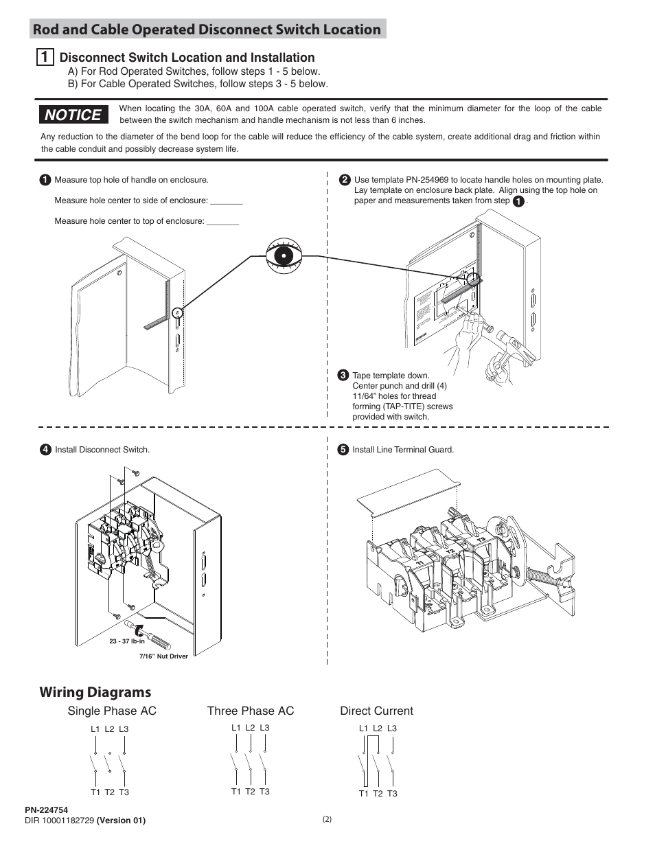 Notice, Disconnect switch location and installation, Single phase ac three phase ac direct current | Ho le use d fo r step 2, Install disconnect switch, Install line terminal guard, L1 l2 l3 | Rockwell Automation 1494U-D30_D60_D100 Universal Disconnect Switch Installation Instructions (30A, 60A, 100A) User Manual | Page 2 / 16