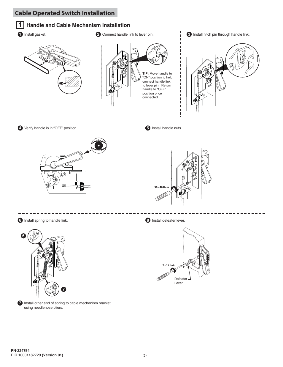Cable operated switch installation, Handle and cable mechanism installation | Rockwell Automation 1494U-D30_D60_D100 Universal Disconnect Switch Installation Instructions (30A, 60A, 100A) User Manual | Page 5 / 16
