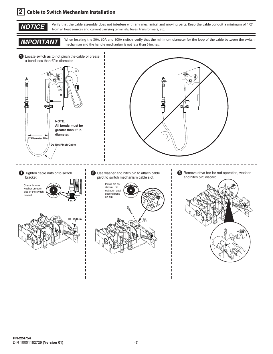 Notice, Important, Cable to switch mechanism installation | Rockwell Automation 1494U-D30_D60_D100 Universal Disconnect Switch Installation Instructions (30A, 60A, 100A) User Manual | Page 6 / 16