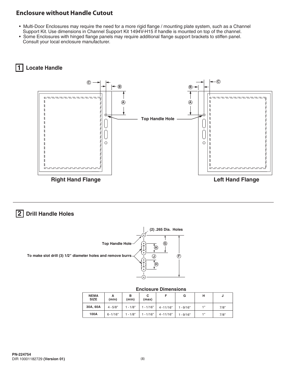 Enclosure without handle cutout, Right hand flange, Left hand flange | Drill handle holes, Locate handle | Rockwell Automation 1494U-D30_D60_D100 Universal Disconnect Switch Installation Instructions (30A, 60A, 100A) User Manual | Page 8 / 16