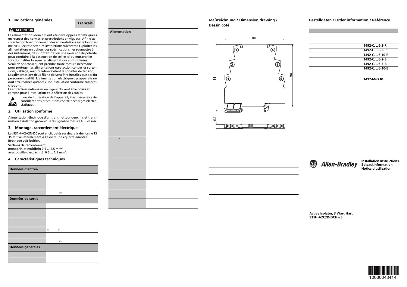 Utilisation conforme, Montage, raccordement électrique, Caractéristiques techniques | Français | Rockwell Automation 931H-A2C2D-DCHart Active Isolator, HART User Manual | Page 2 / 2