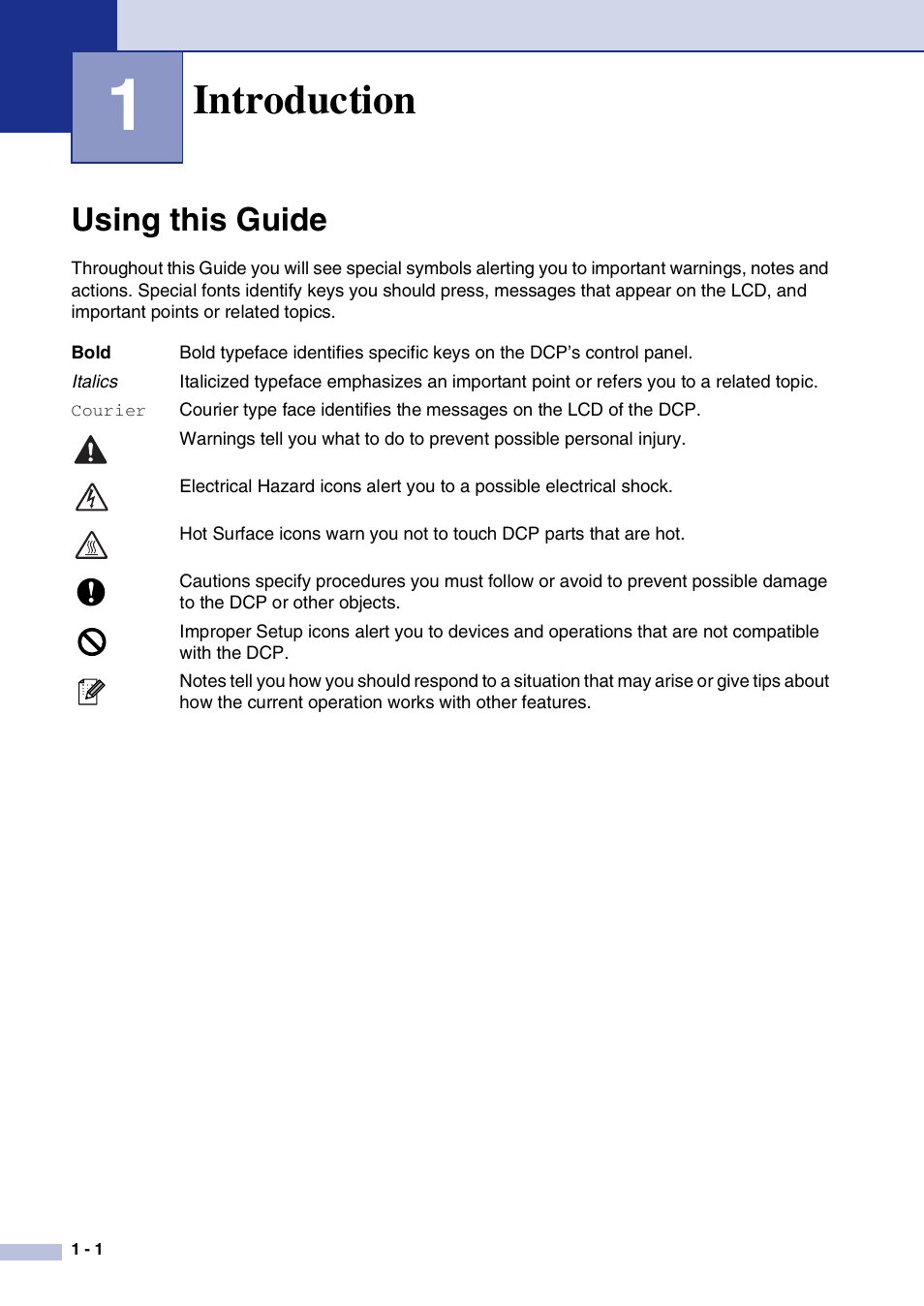 1 introduction, Using this guide, Introduction | Using this guide -1 | Brother DCP-7020 User Manual | Page 14 / 79