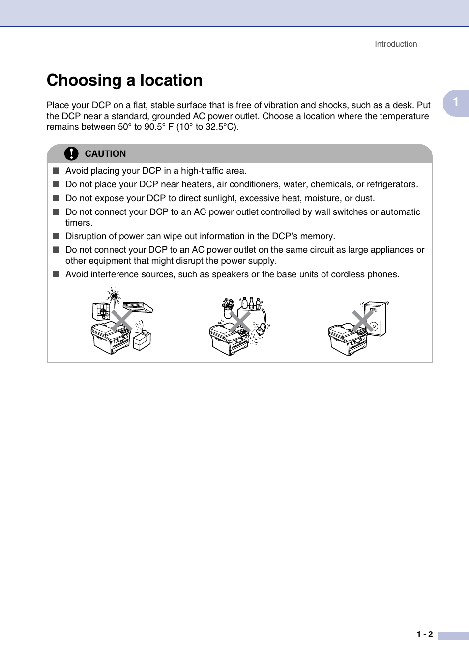 Choosing a location, Choosing a location -2 | Brother DCP-7020 User Manual | Page 15 / 79