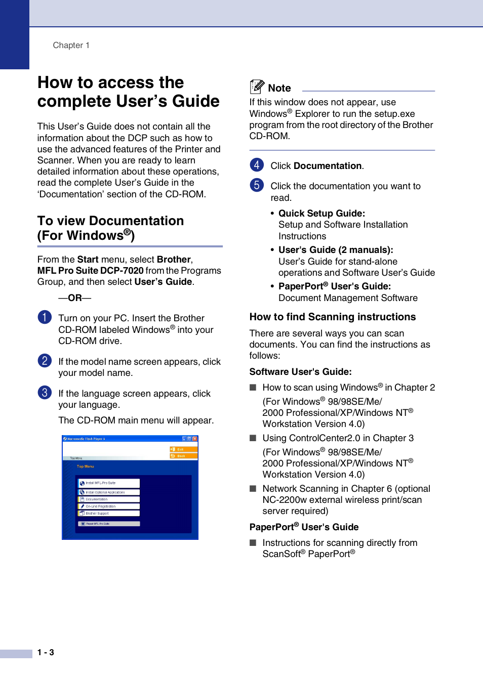 How to access the complete user’s guide, To view documentation (for windows®), How to find scanning instructions | How to access the complete user’s guide -3, To view documentation (for windows | Brother DCP-7020 User Manual | Page 16 / 79