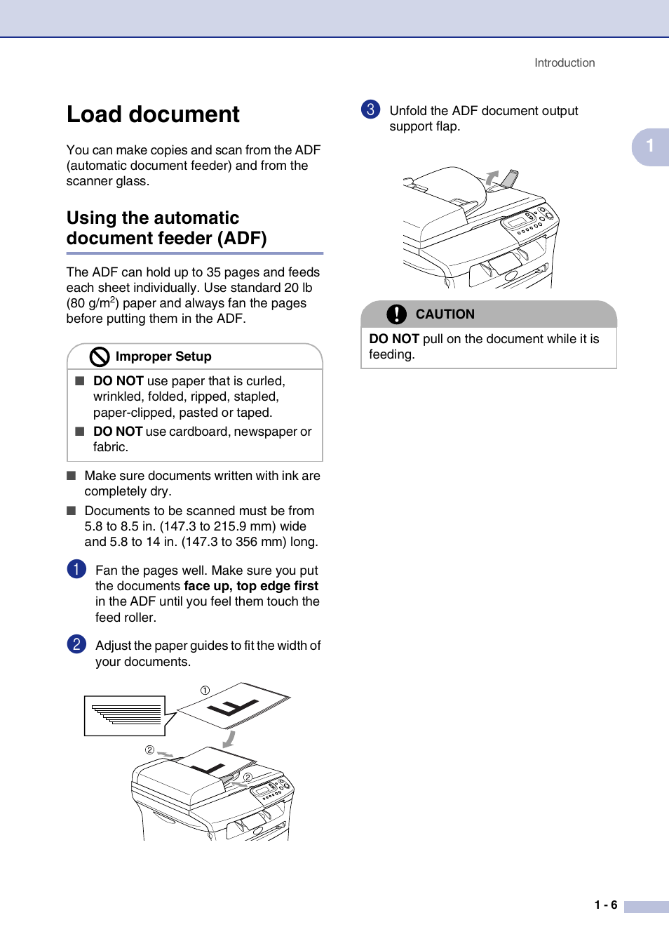 Load document, Using the automatic document feeder (adf), Load document -6 | Using the automatic document feeder (adf) -6 | Brother DCP-7020 User Manual | Page 19 / 79