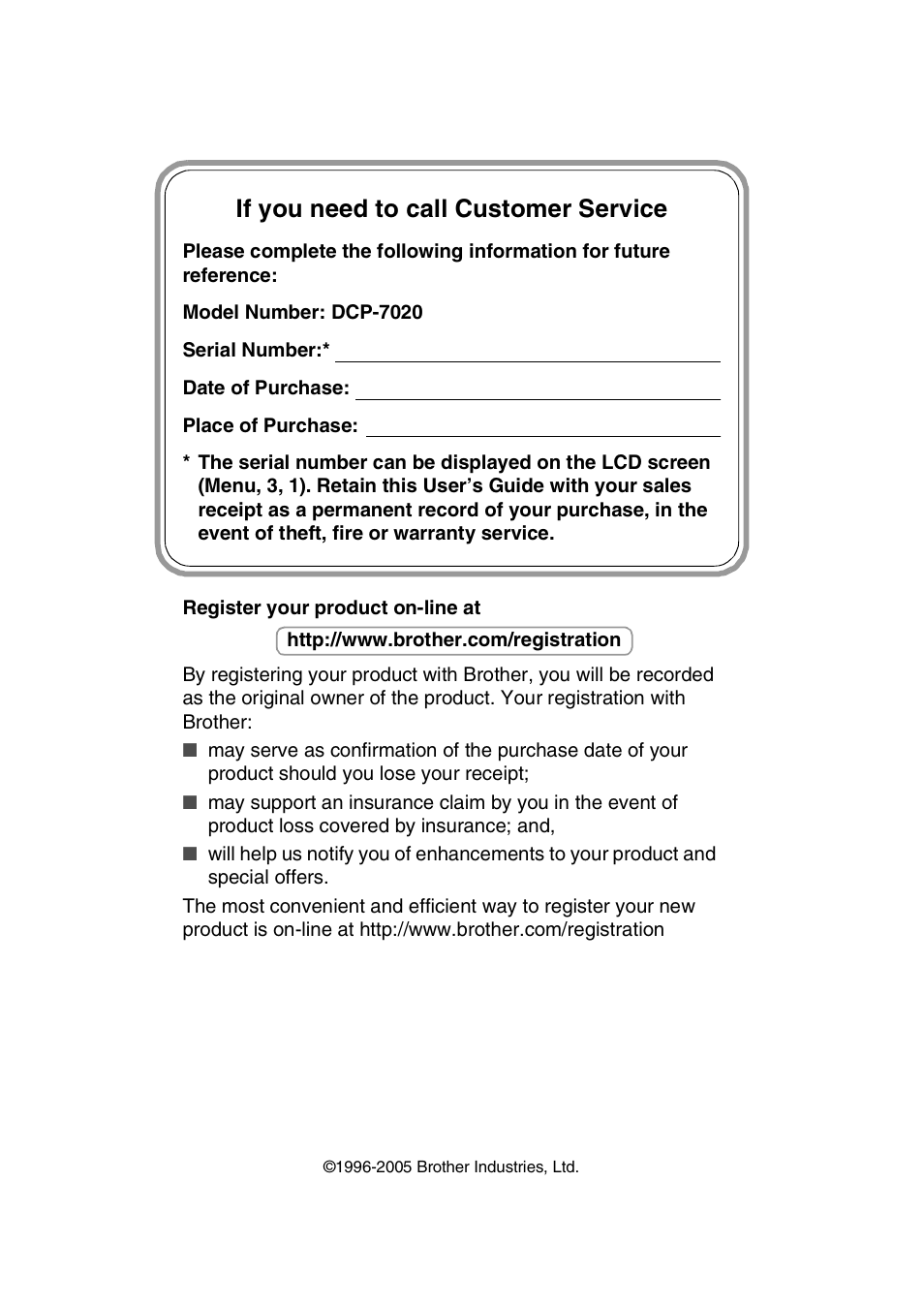 If you need to call customer service | Brother DCP-7020 User Manual | Page 2 / 79