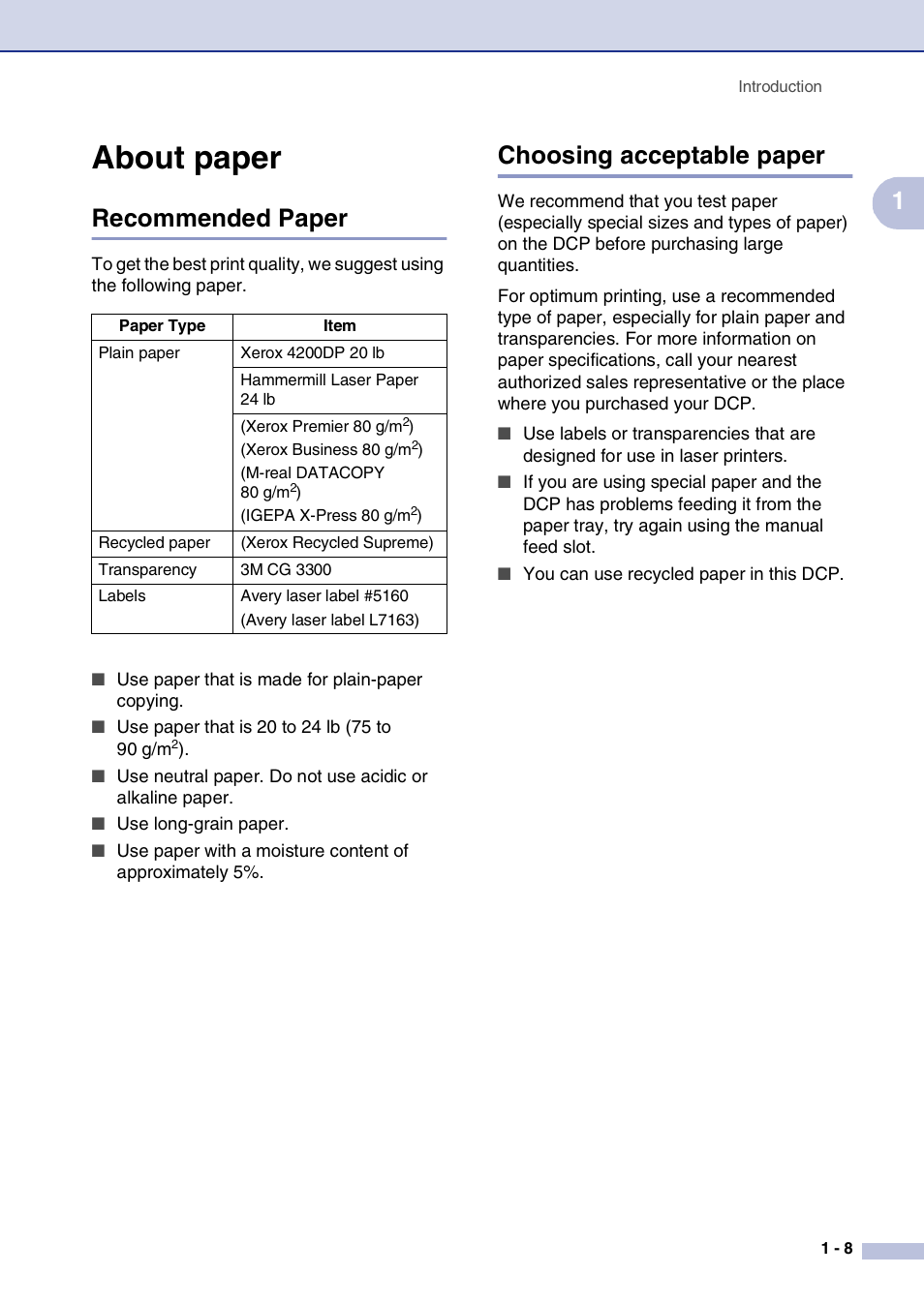 About paper, Recommended paper, Choosing acceptable paper | About paper -8, Recommended paper -8 choosing acceptable paper -8 | Brother DCP-7020 User Manual | Page 21 / 79
