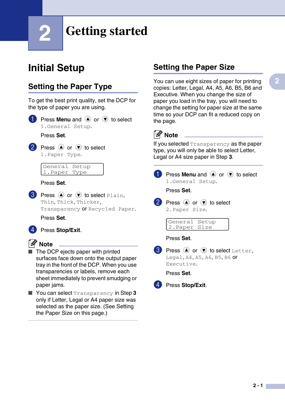 2 getting started, Initial setup, Setting the paper type | Setting the paper size, Getting started, Initial setup -1 | Brother DCP-7020 User Manual | Page 25 / 79