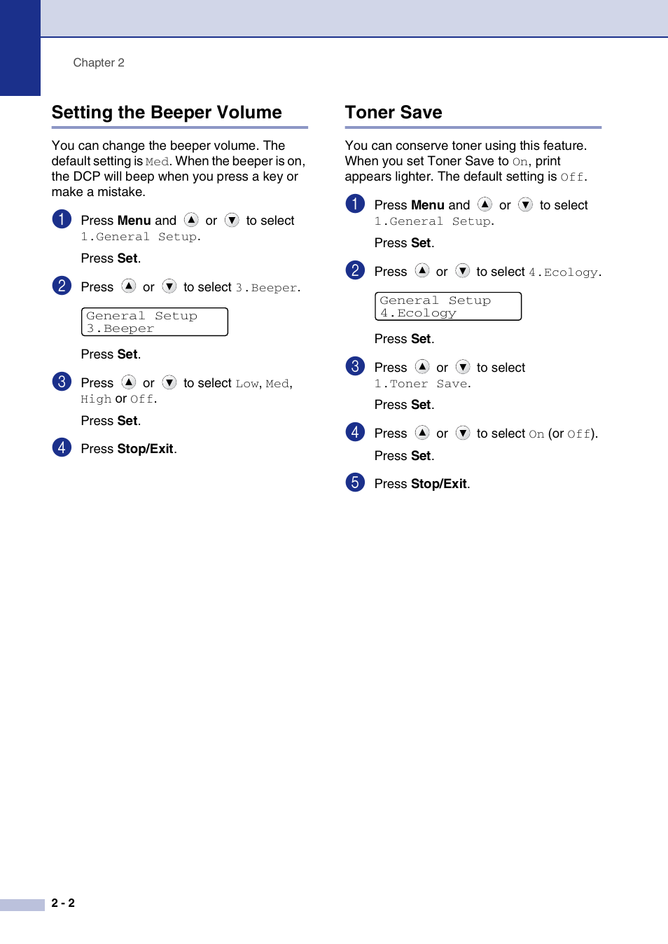 Setting the beeper volume, Toner save, Setting the beeper volume -2 toner save -2 | Brother DCP-7020 User Manual | Page 26 / 79