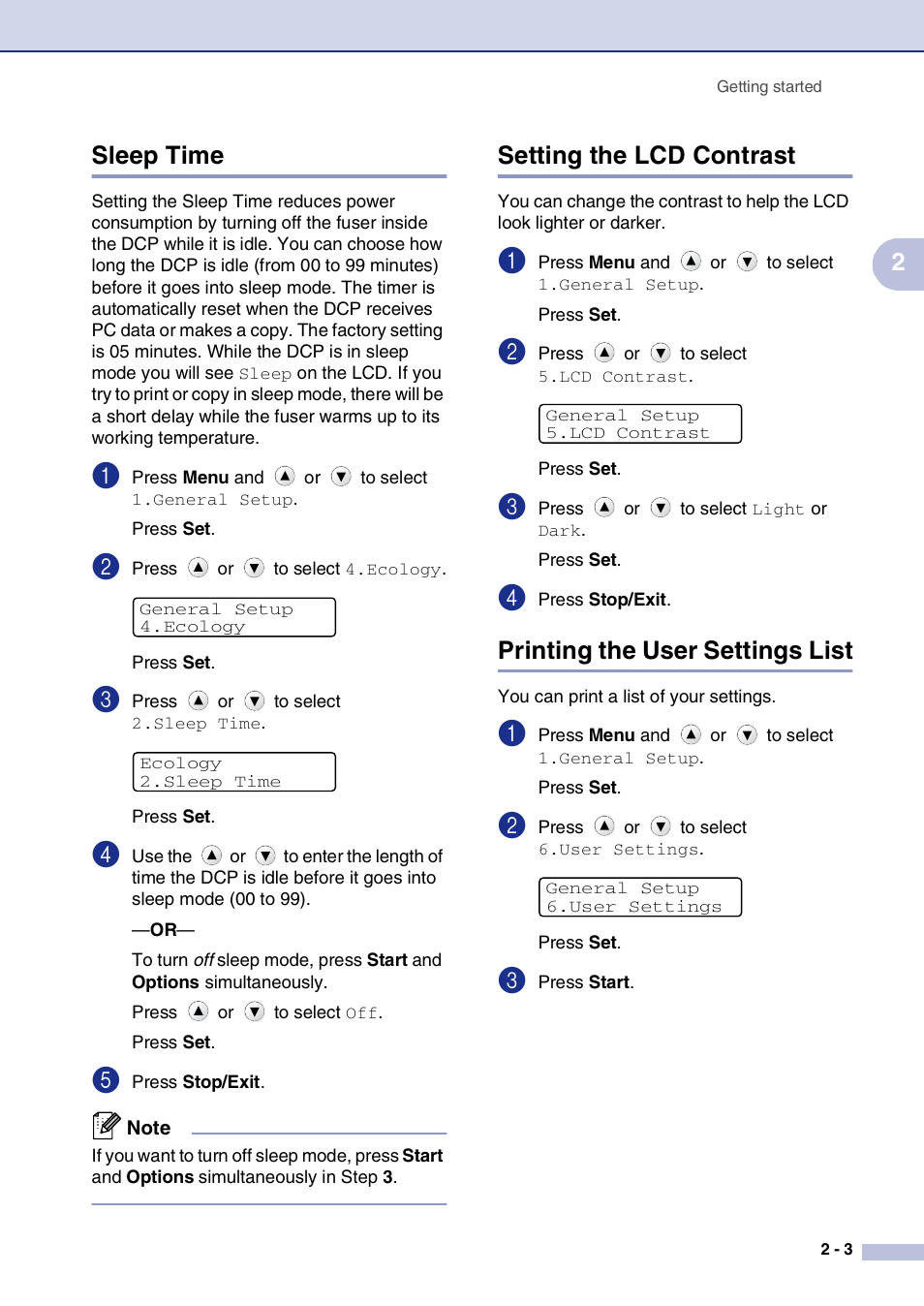 Sleep time, Setting the lcd contrast, Printing the user settings list | 2sleep time | Brother DCP-7020 User Manual | Page 27 / 79