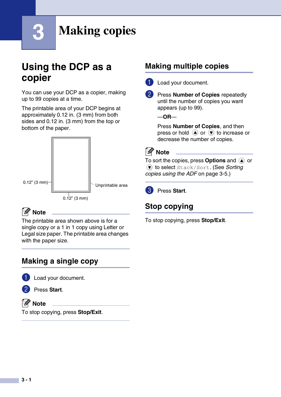 3 making copies, Using the dcp as a copier, Making a single copy | Making multiple copies, Stop copying, Making copies, Using the dcp as a copier -1 | Brother DCP-7020 User Manual | Page 28 / 79