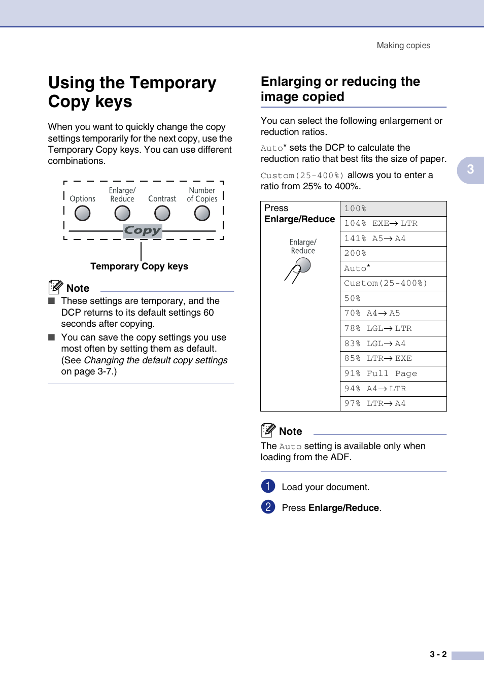 Using the temporary copy keys, Enlarging or reducing the image copied, Using the temporary copy keys -2 | Enlarging or reducing the image copied -2 | Brother DCP-7020 User Manual | Page 29 / 79