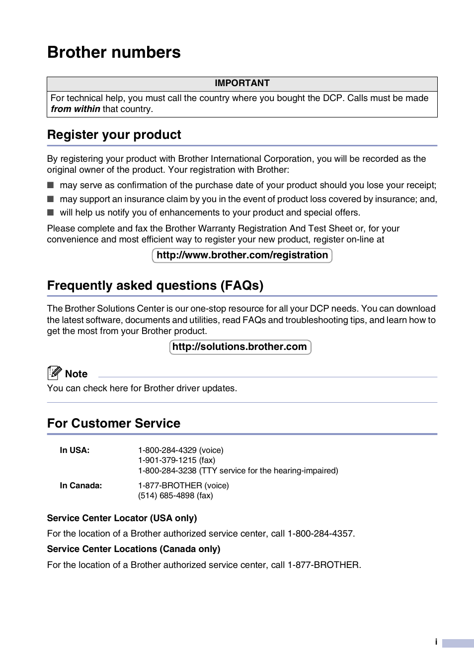 Brother numbers, Register your product, Frequently asked questions (faqs) | For customer service | Brother DCP-7020 User Manual | Page 3 / 79