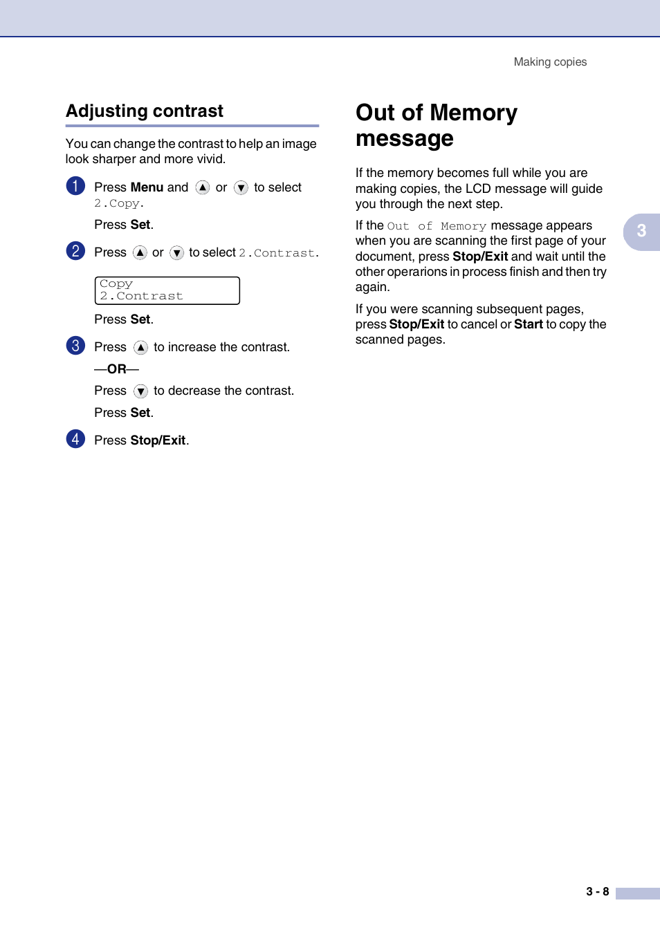 Adjusting contrast, Out of memory message, Adjusting contrast -8 | Out of memory message -8, 3adjusting contrast | Brother DCP-7020 User Manual | Page 35 / 79