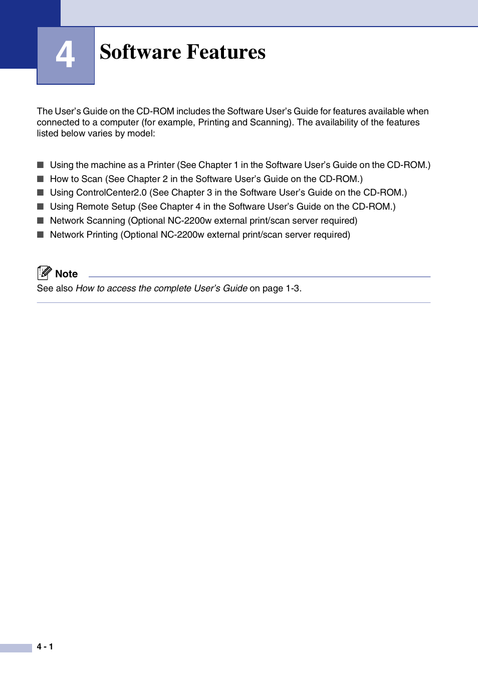 4 software features, Software features | Brother DCP-7020 User Manual | Page 36 / 79