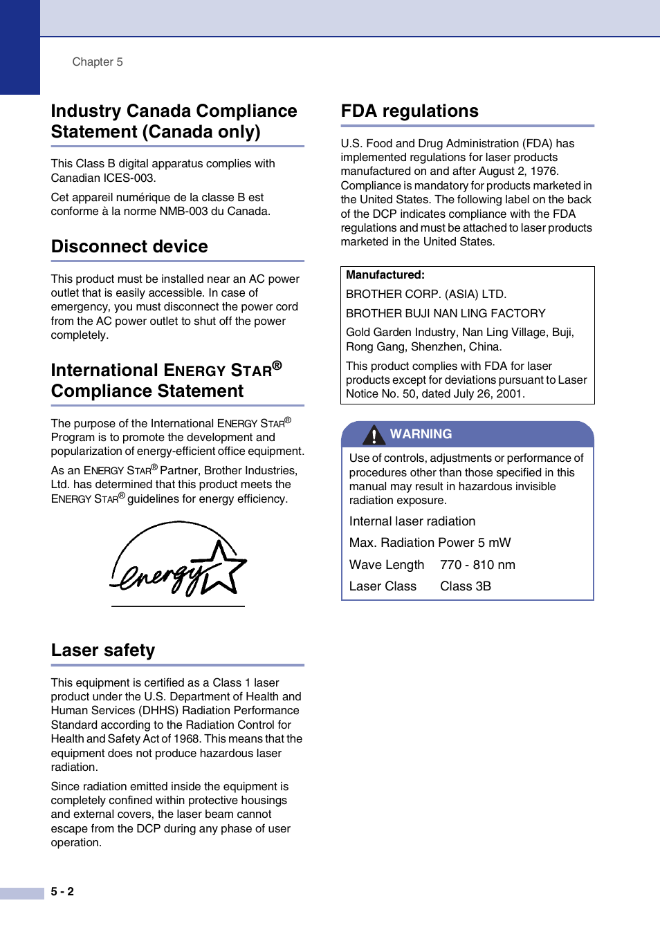 Industry canada compliance statement (canada only), Disconnect device, International energy star® compliance statement | Laser safety, Fda regulations, Compliance statement -2, Laser safety -2 fda regulations -2, International e, Compliance statement | Brother DCP-7020 User Manual | Page 38 / 79