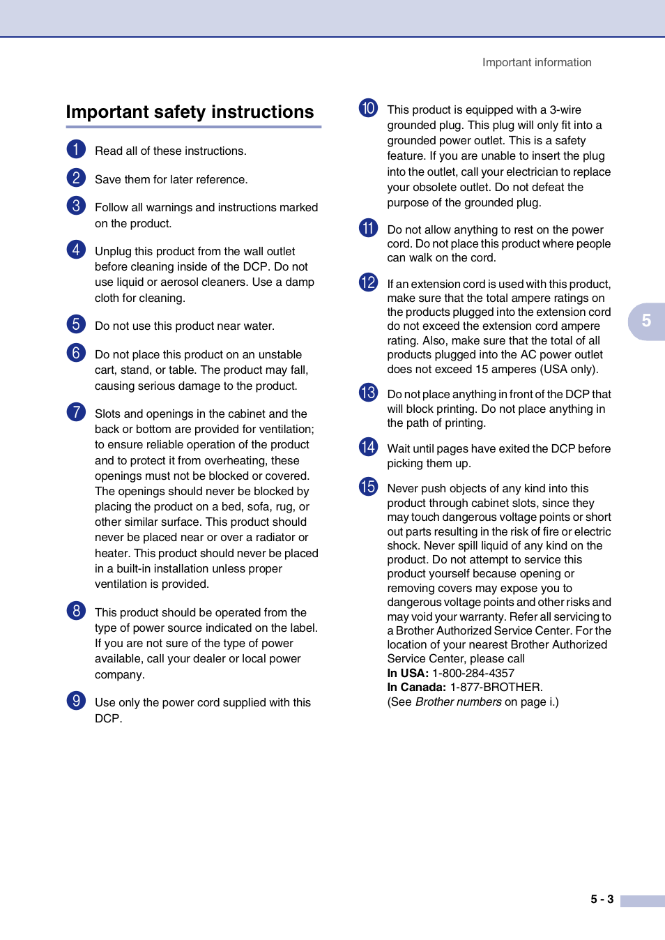 Important safety instructions, Important safety instructions -3 | Brother DCP-7020 User Manual | Page 39 / 79
