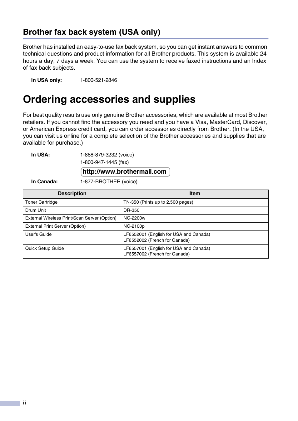 Brother fax back system (usa only), Ordering accessories and supplies | Brother DCP-7020 User Manual | Page 4 / 79