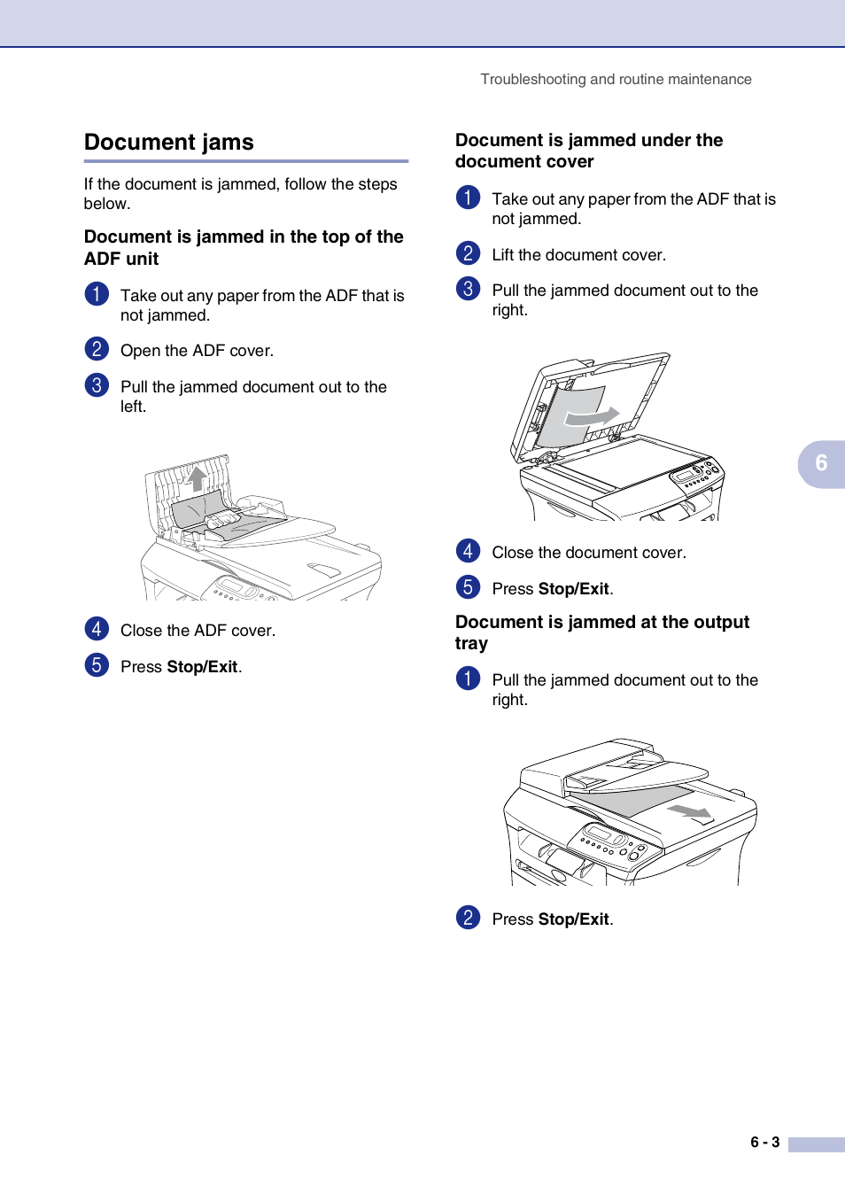 Document jams, Document is jammed in the top of the adf unit, Document is jammed under the document cover | Document is jammed at the output tray, Document jams -3 | Brother DCP-7020 User Manual | Page 43 / 79