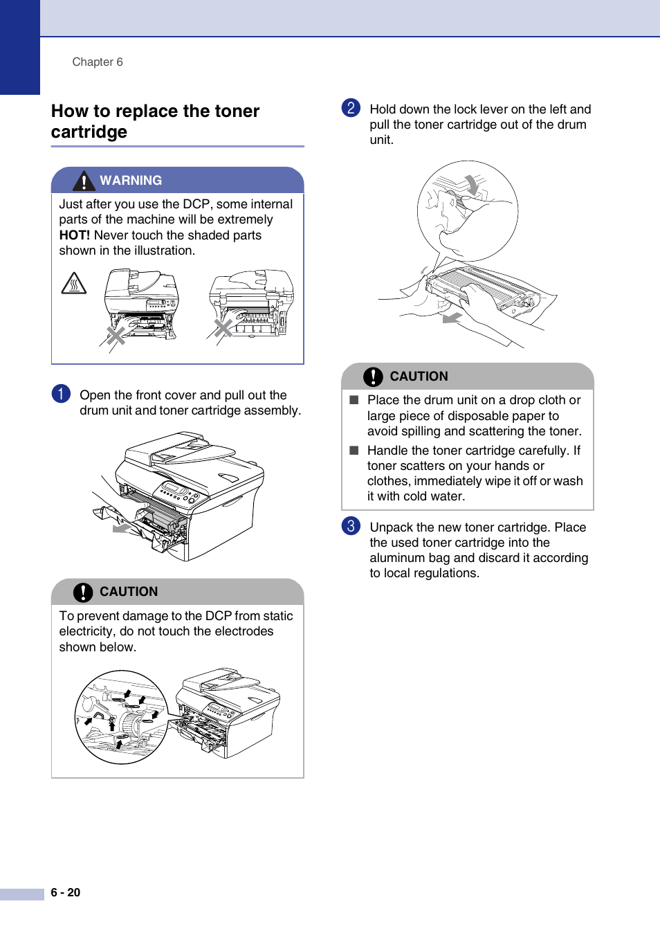 How to replace the toner cartridge, How to replace the toner cartridge -20 | Brother DCP-7020 User Manual | Page 60 / 79