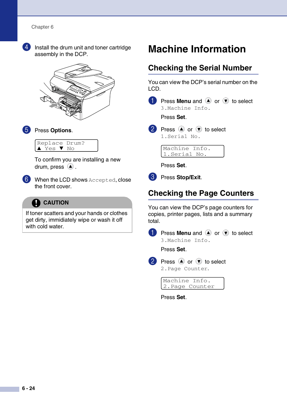 Machine information, Checking the serial number, Machine information -24 | Checking the page counters | Brother DCP-7020 User Manual | Page 64 / 79