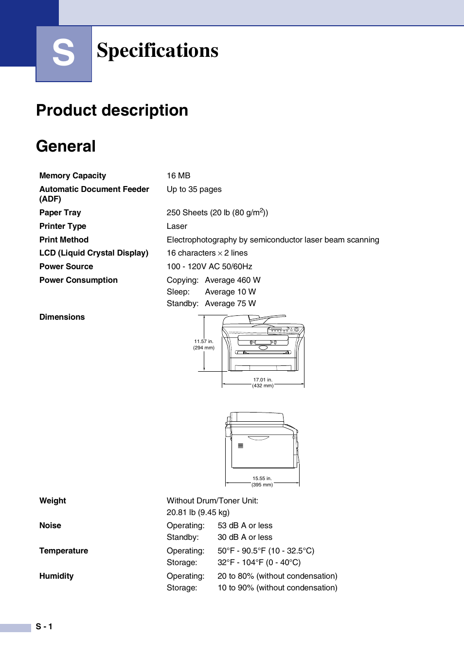 Specifications, Product description, General | Product description general | Brother DCP-7020 User Manual | Page 70 / 79