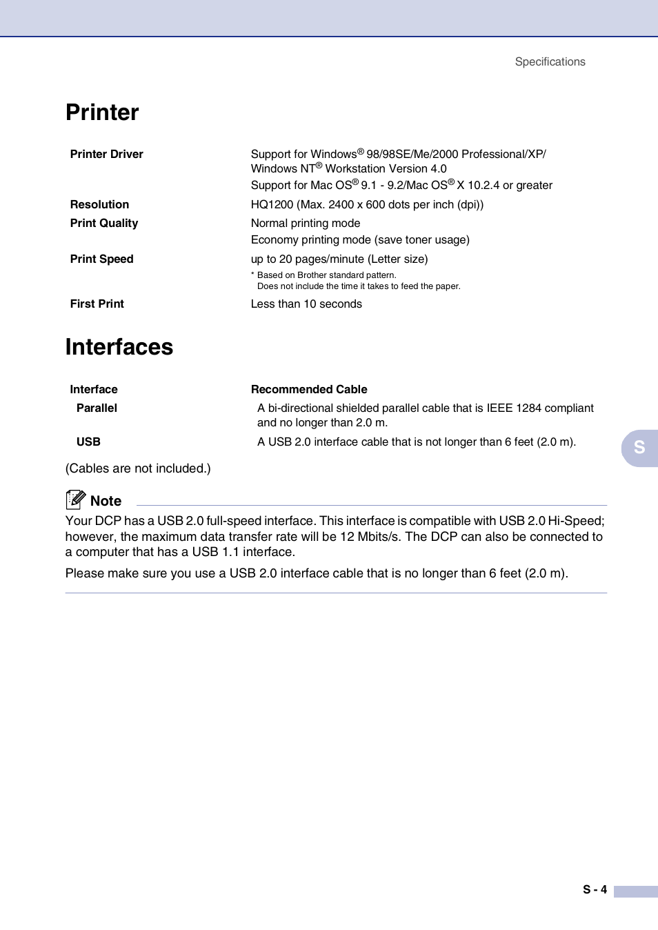 Printer, Interfaces, Printer interfaces | Brother DCP-7020 User Manual | Page 73 / 79