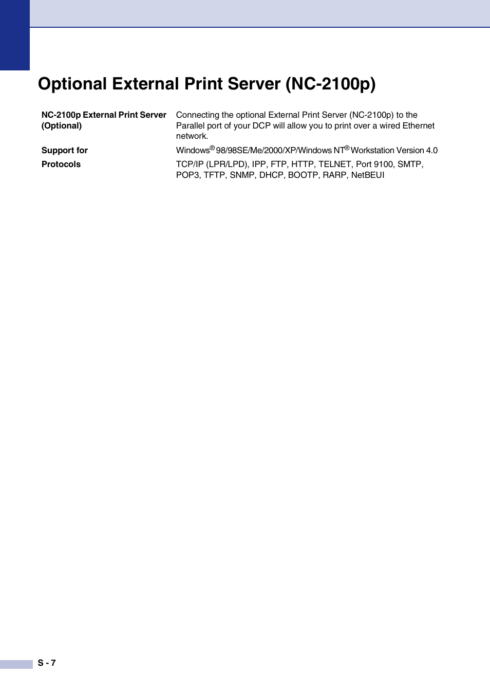 Optional external print server (nc-2100p) | Brother DCP-7020 User Manual | Page 76 / 79