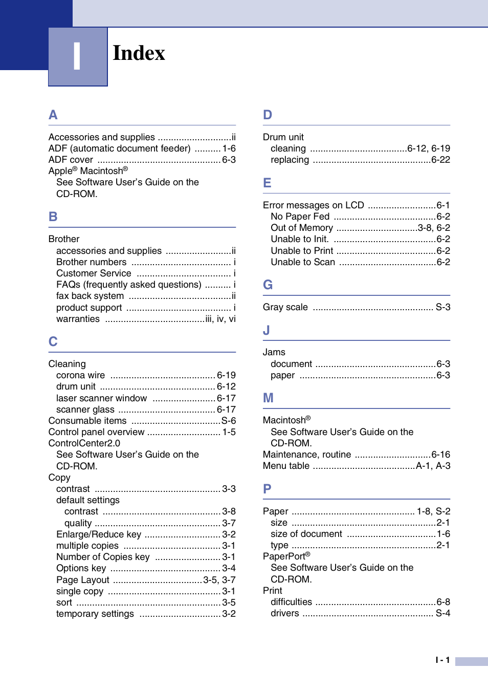 Index | Brother DCP-7020 User Manual | Page 77 / 79