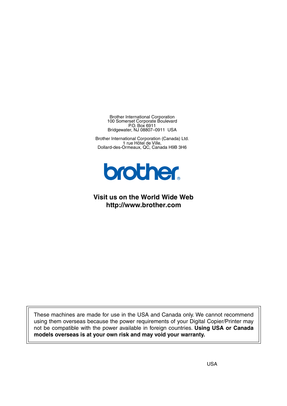 Brother usa/can | Brother DCP-7020 User Manual | Page 79 / 79