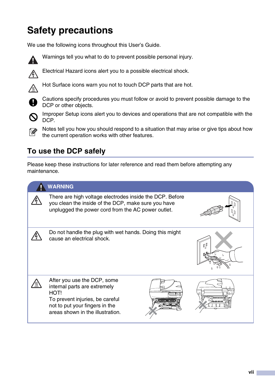 Safety precautions, To use the dcp safely | Brother DCP-7020 User Manual | Page 9 / 79