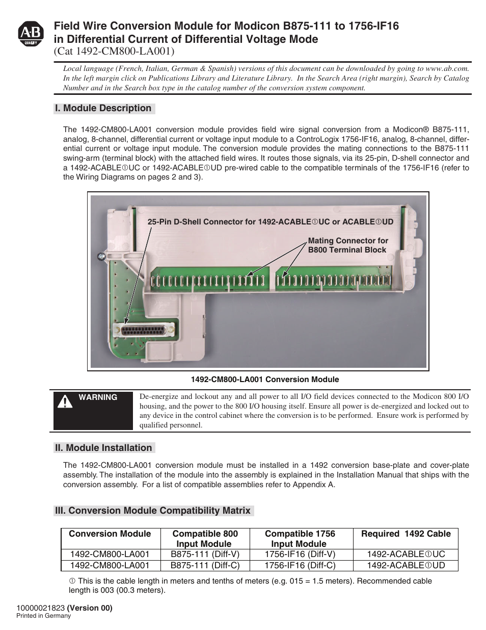 Rockwell Automation 1492-CM800-LA001 Field Wire Conv. Module for Modicon B875-111 to 1756-IF16 User Manual | 4 pages