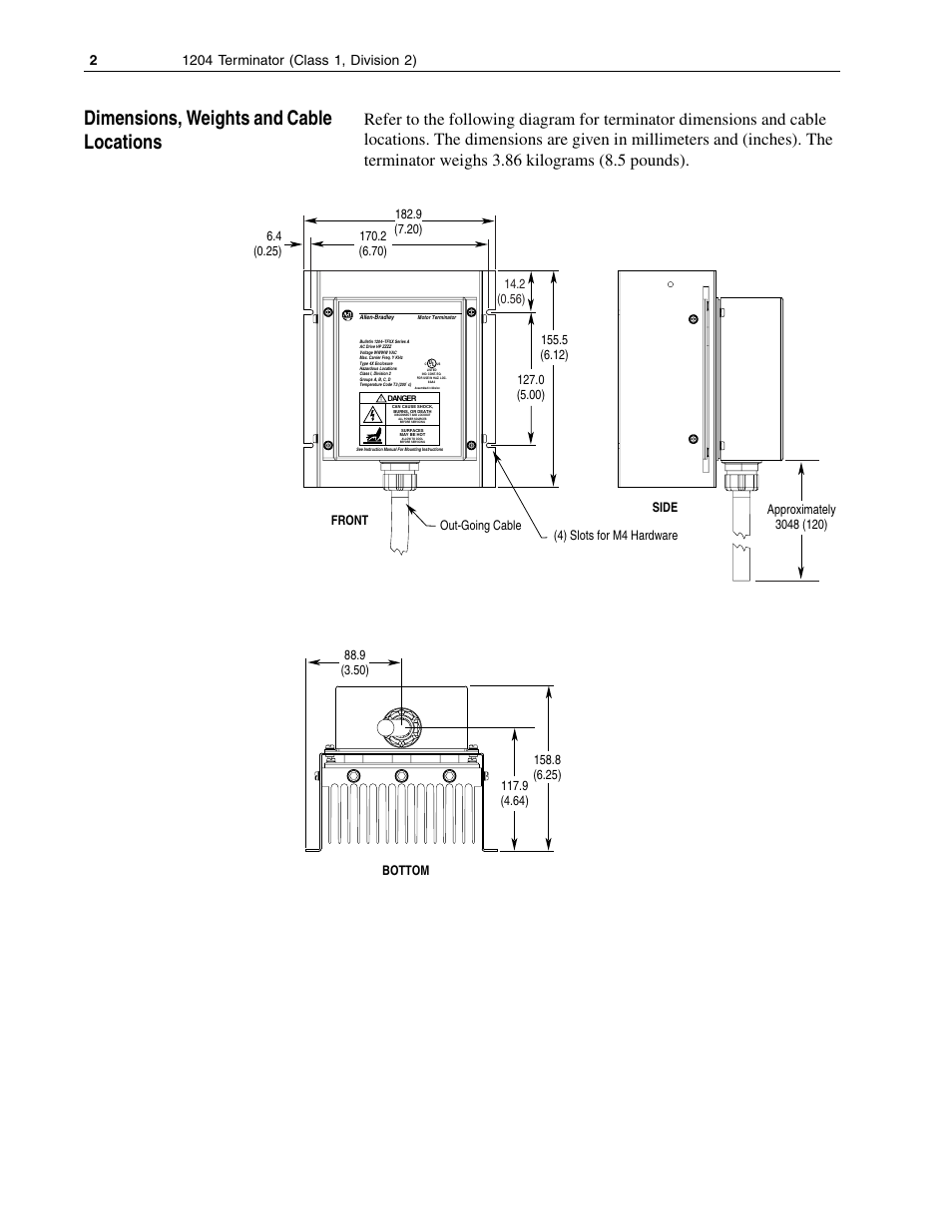 Dimensions, weights and cable locations | Rockwell Automation 1204-TFB2 Terminator User Manual | Page 2 / 12