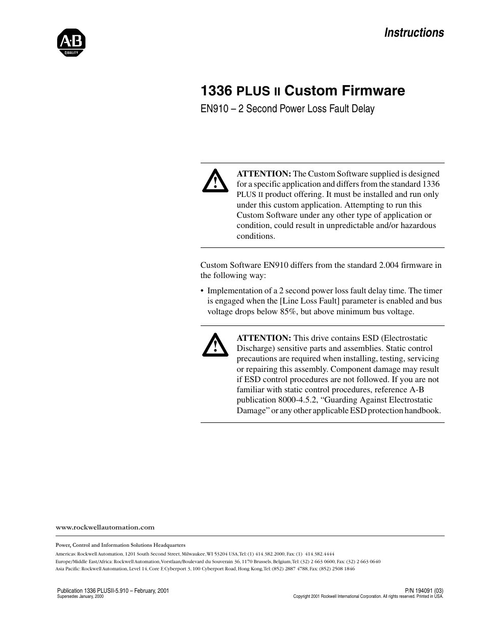 Rockwell Automation 1336F PLUS II Custom Firmware Inst. - EN910 User Manual | 2 pages