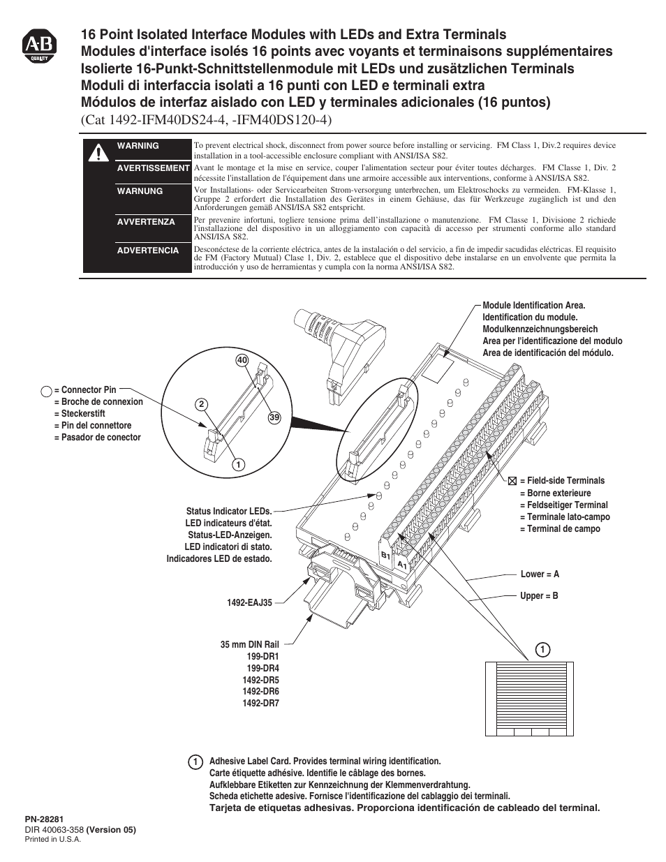 Rockwell Automation 1492-IFM40DS24-4_IFM40DS120-4 16 Point Isolated Interface Modules with LEDs and Extra Terminals User Manual | 4 pages