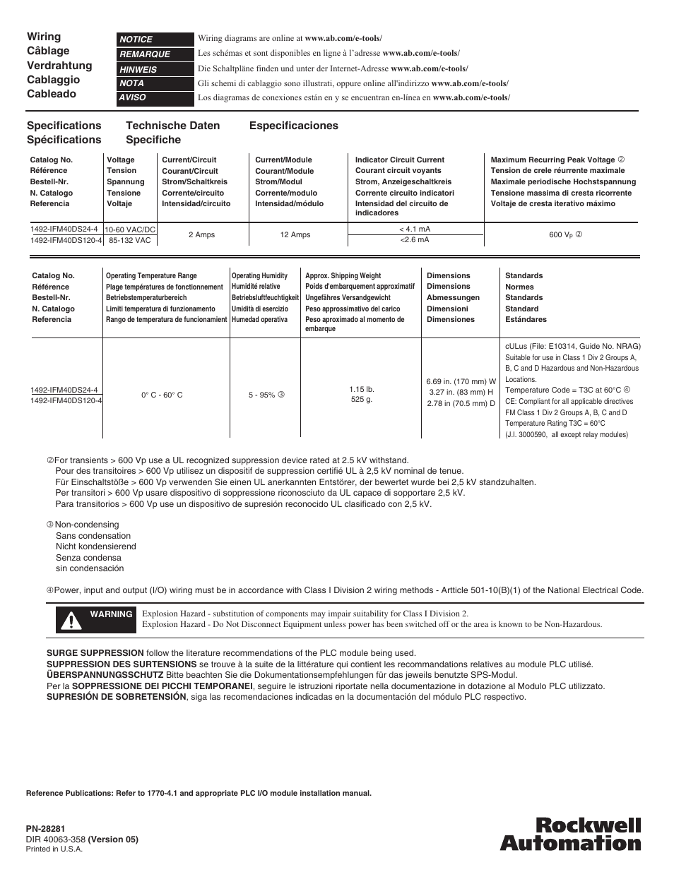 Specifications spécifications, Wiring câblage verdrahtung cablaggio cableado, Technische daten specifiche especificaciones | Rockwell Automation 1492-IFM40DS24-4_IFM40DS120-4 16 Point Isolated Interface Modules with LEDs and Extra Terminals User Manual | Page 4 / 4
