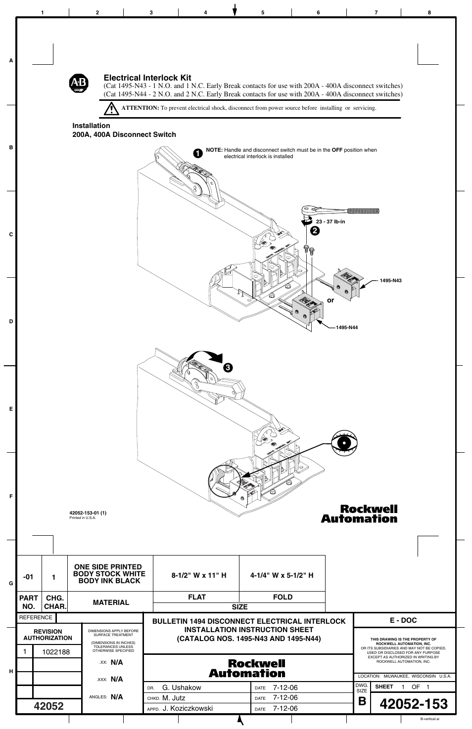 Rockwell Automation 1495-N43_N44 Disconnect (200A-400A) Electrical Interlock User Manual | 1 page