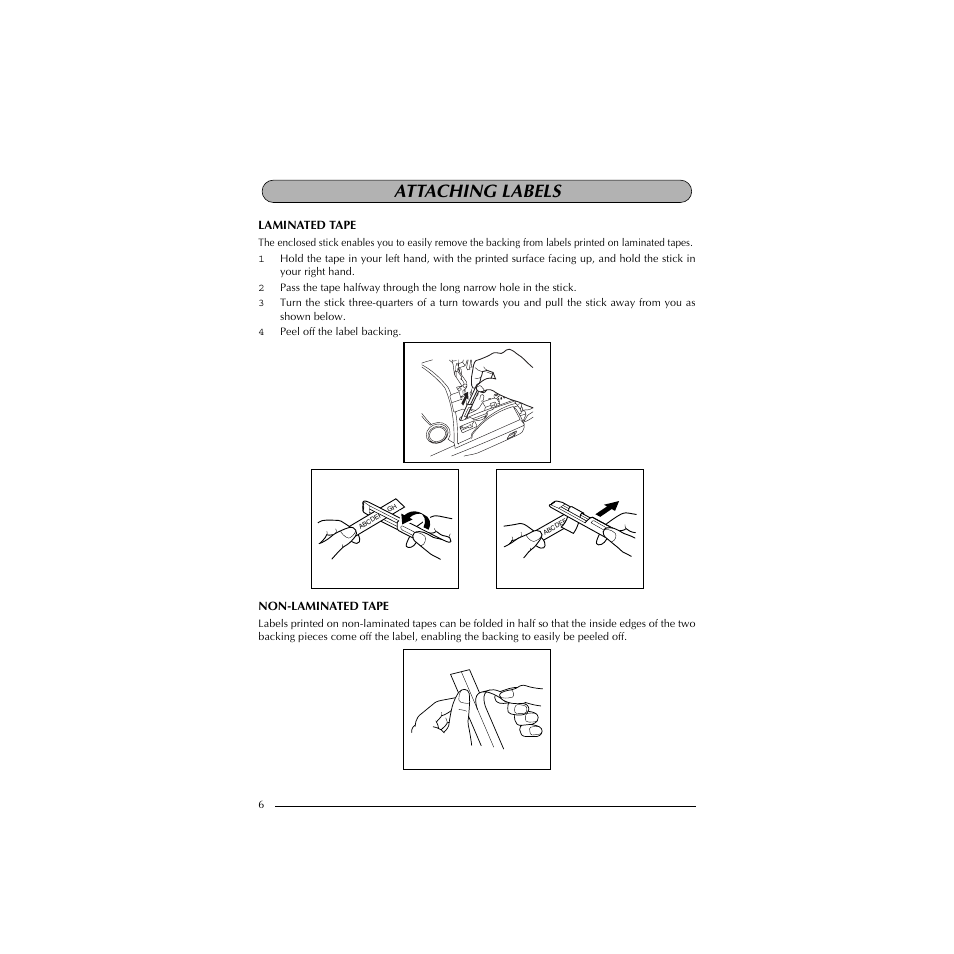 Attaching labels, Laminated tape, Non-laminated tape | Brother P-TOUCH 1900 User Manual | Page 10 / 66