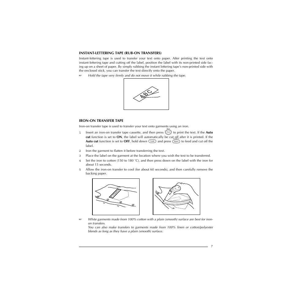 Instant-lettering tape (rub-on transfers), Iron-on transfer tape, Ab c | Brother P-TOUCH 1900 User Manual | Page 11 / 66